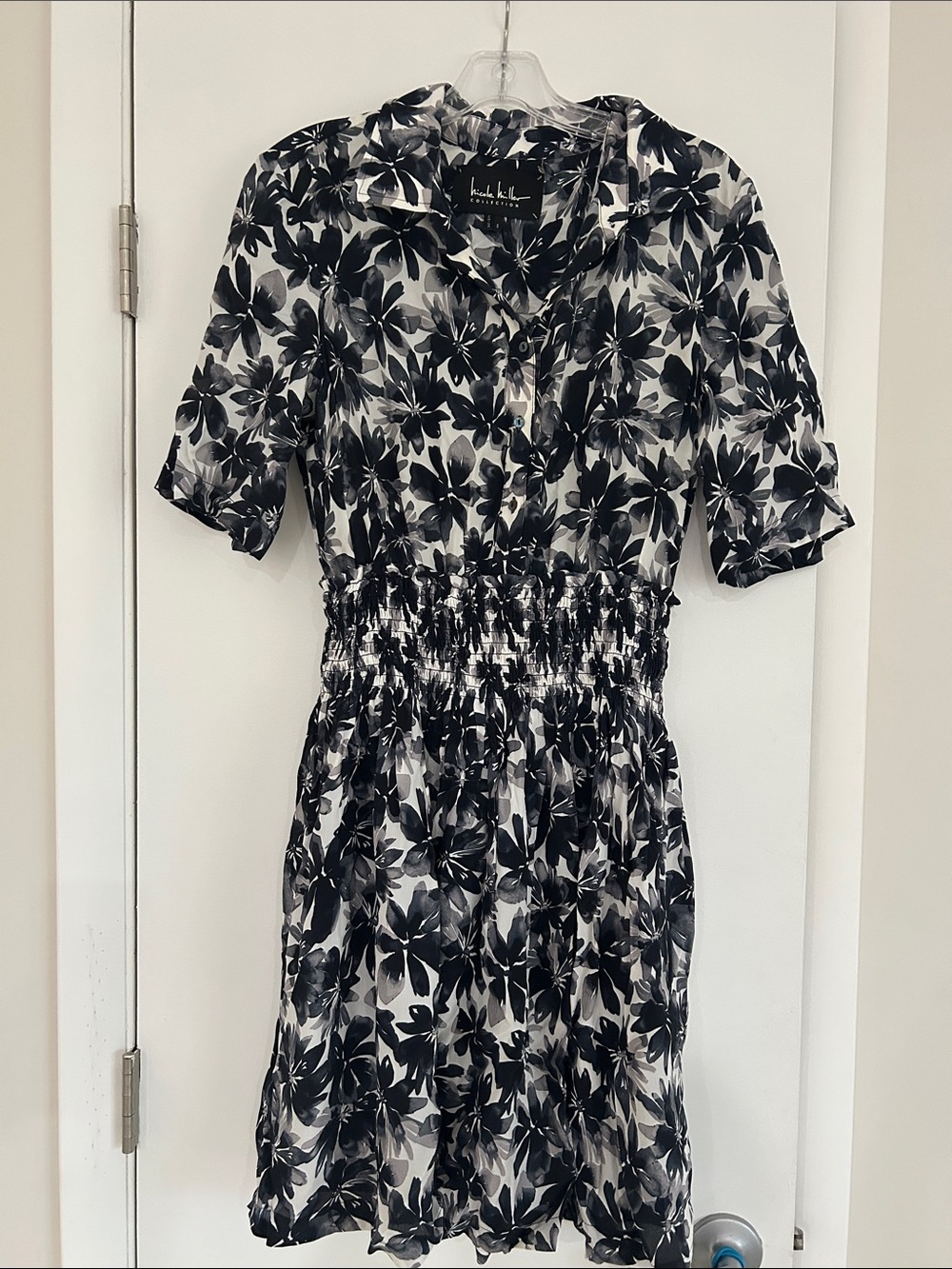 Nicole Miller Collection Black & White Floral Shirred Waist Dress